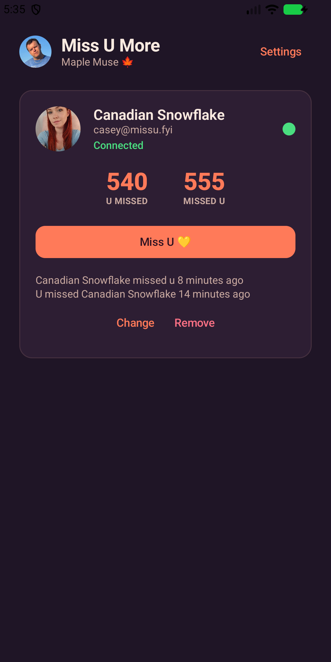 Miss U More on Android, connected